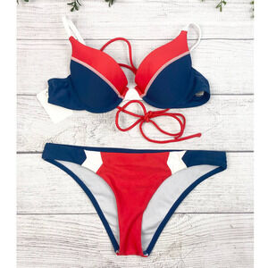 NEW Ladies Push Up Red White & Blue Color Block Cross Back Tie Bikini XS